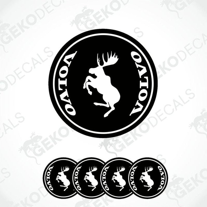 Set of black vinyl stickers with a white moose and Volvo logo text, designed for car decals.