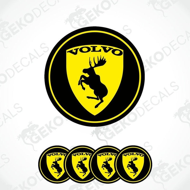 A set of four black, yellow, and white volvo decals with a depiction of a reindeer.