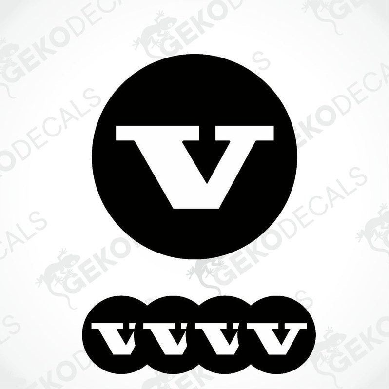 A set of four black vinyl stickers with a bold letter 'VOLVO' in the center, arranged on a white background. The stickers have a glossy finish.