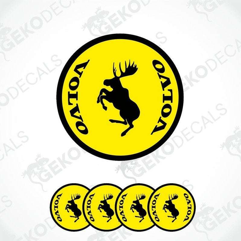 A set of four yellow vinyl stickers with a black silhouette of a moose and the brand name 'VOLVO' in bold letters.