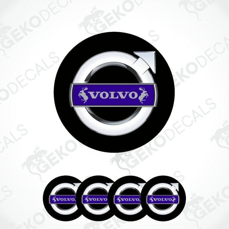 A set of four Volvo branded vinyl stickers with a polyurethane coating, displayed .
