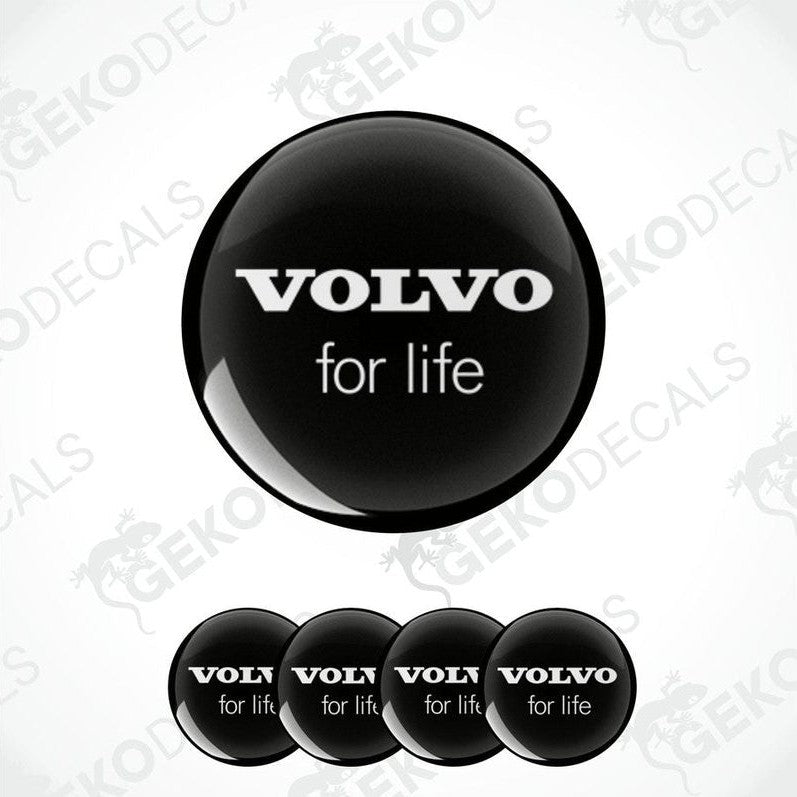 A set of four black vinyl stickers with the text 'VOLVO FOR LIFE' in white. 