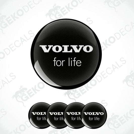 A set of four black vinyl stickers with the text 'VOLVO FOR LIFE' in white. 