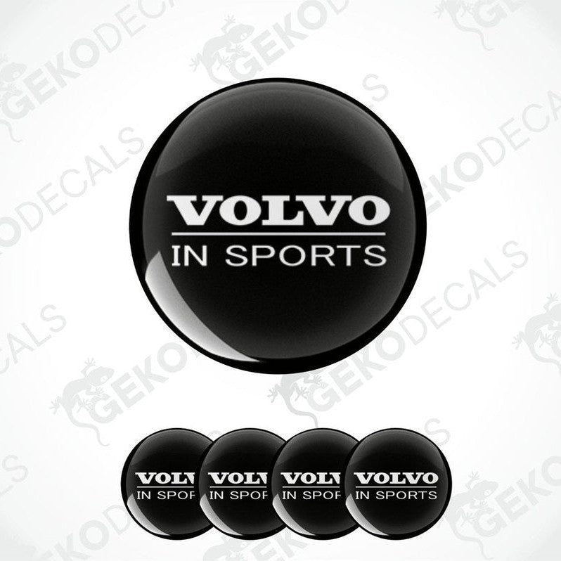 A set of four black vinyl stickers with the text 'VOLVO IN SPORTS' printed on them, arranged in a circular pattern with a white background.