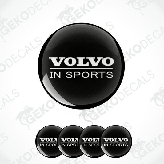 A set of four black vinyl stickers with the text 'VOLVO IN SPORTS' printed on them, arranged in a circular pattern with a white background.