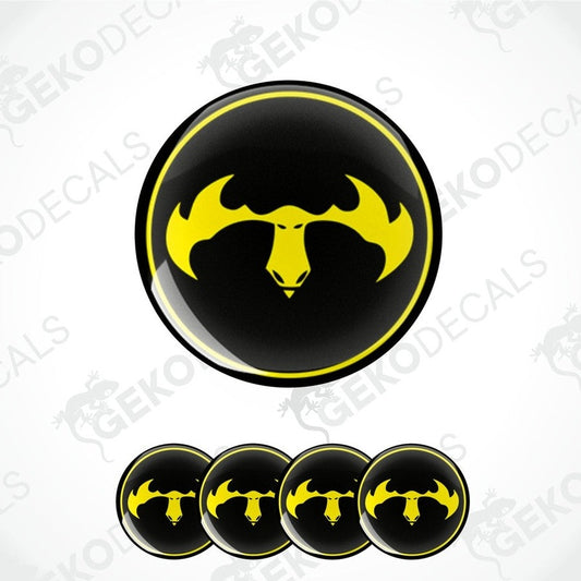 Set of four vinyl decals featuring a yellow moose silhouette on a black background, designed for vehicle use.
