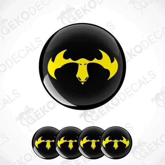 Set of four vinyl decals featuring a yellow moose silhouette on a black background, designed for vehicle use.