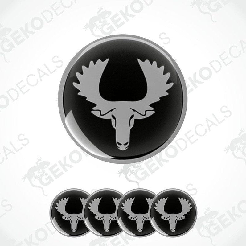 Set of four vinyl decals featuring a moose silhouette, with a prominent decal shown in a circular arrangement.
