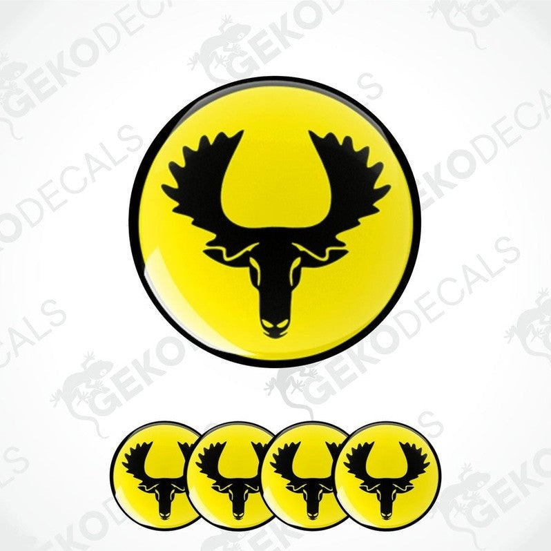 A set of four yellow vinyl stickers with a black silhouette of a moose design.