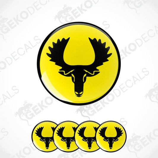 A set of four yellow vinyl stickers with a black silhouette of a moose design.