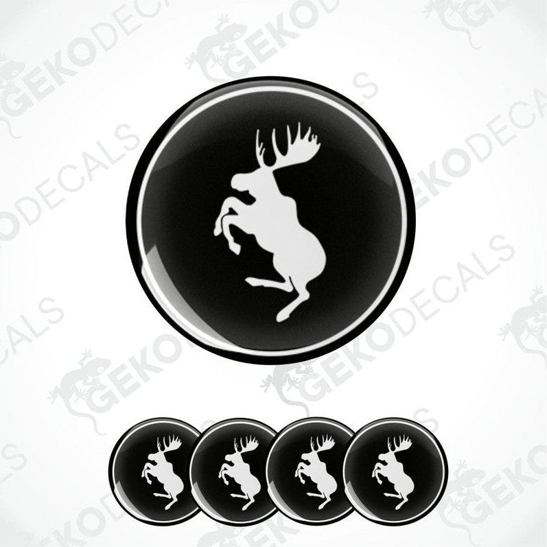 A set of four black vinyl stickers with the logo'VOLVO MOOSE' in white. 