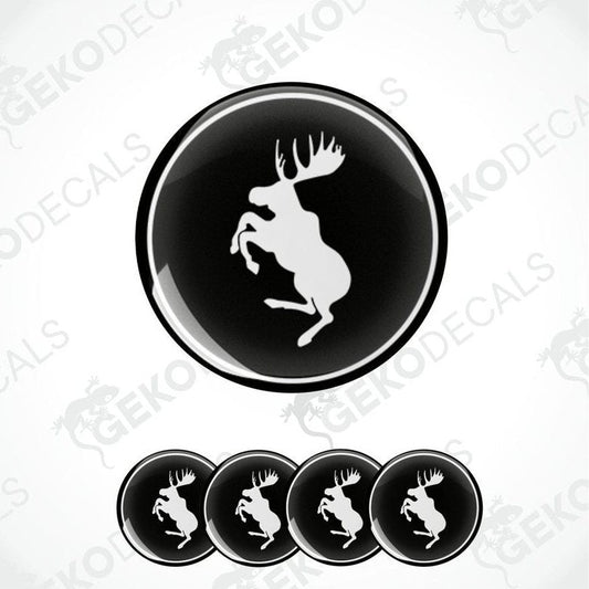 A set of four black vinyl stickers with the logo'VOLVO MOOSE' in white. 