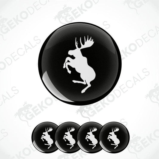 A set of four black vinyl stickers with the logo'VOLVO MOOSE' in white. 