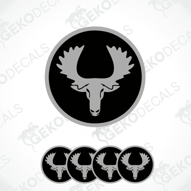Set of four vinyl decals featuring a moose silhouette, with a prominent decal shown in a circular arrangement.