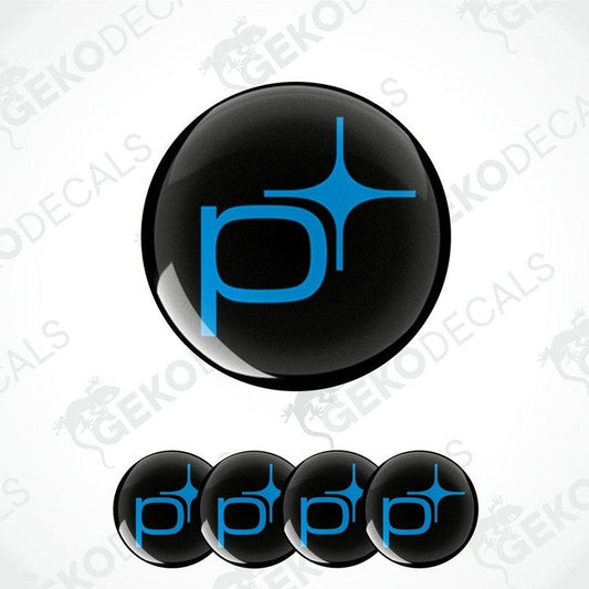 A set of four black vinyl stickers with a blue and white 'POLESTAR' logo, designed for use as car decals.