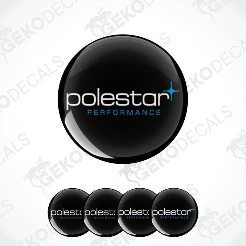 A set of four black vinyl decals with the white POLESTAR and blue PERFOMANCE text.