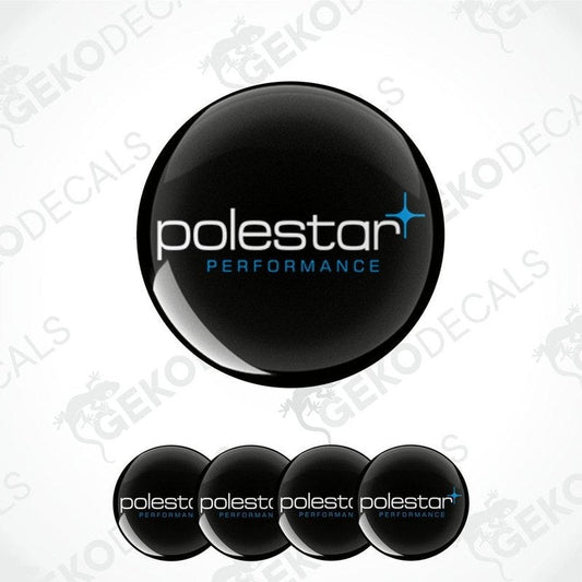 A set of four black vinyl decals with the white POLESTAR and blue PERFOMANCE text.