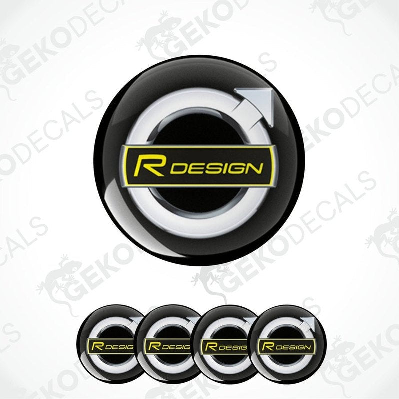 A set of four black and yellow vinyl stickers with a geometric design and the text 'R DESIGN' on them.