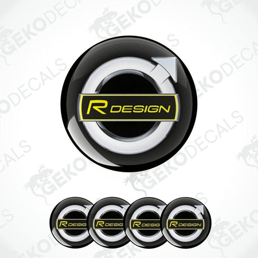 A set of four black and yellow vinyl stickers with a geometric design and the text 'R DESIGN' on them.