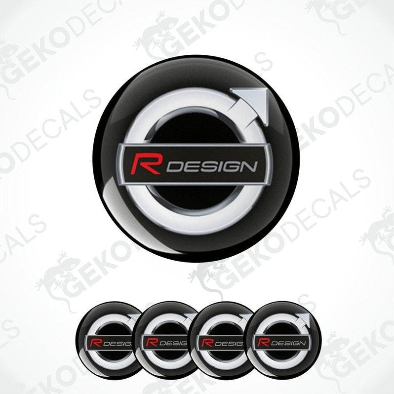 A set of four black vinyl stickers with the R DESIGN logo in white and red, intended for use on car wheels.