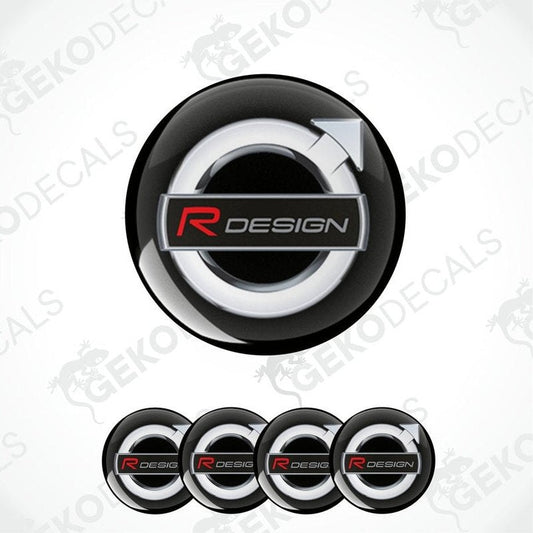 A set of four black vinyl stickers with the R DESIGN logo in white and red, intended for use on car wheels.