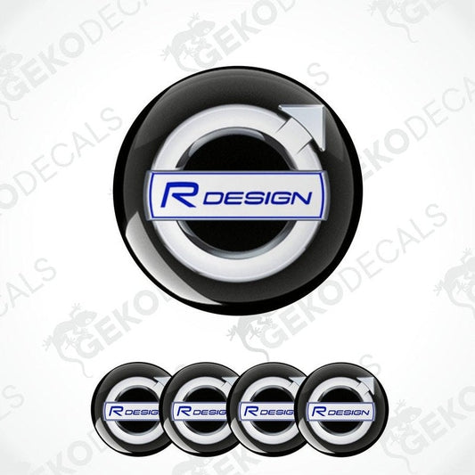 A set of four vinyl decals with polyurethane coating designed for a car, featuring the 'R Design' logo.