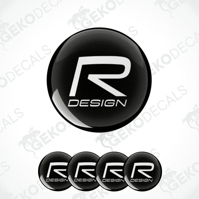 A set of four black vinyl stickers with the R DESIGN brand logo for Volvo cars.
