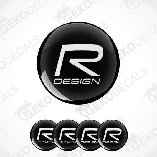 A set of four black vinyl stickers with the R DESIGN brand logo for Volvo cars.