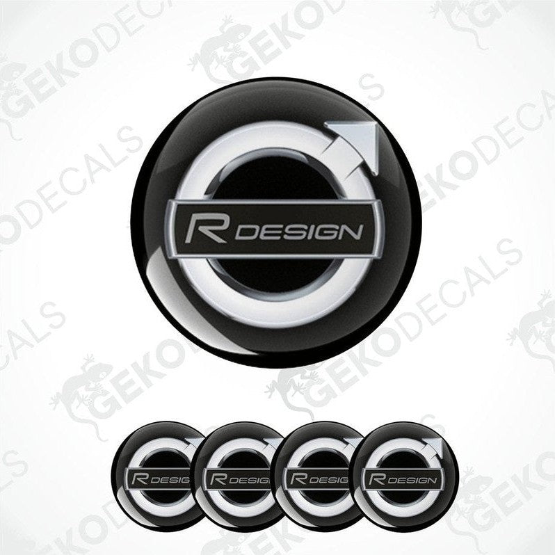 A set of four black vinyl stickers with the R DESIGN logo, intended for use on car wheels or wheel caps.