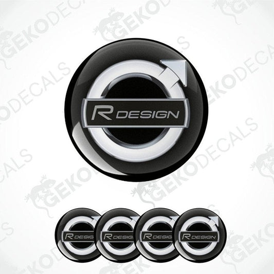 A set of four black vinyl stickers with the R DESIGN logo, intended for use on car wheels or wheel caps.