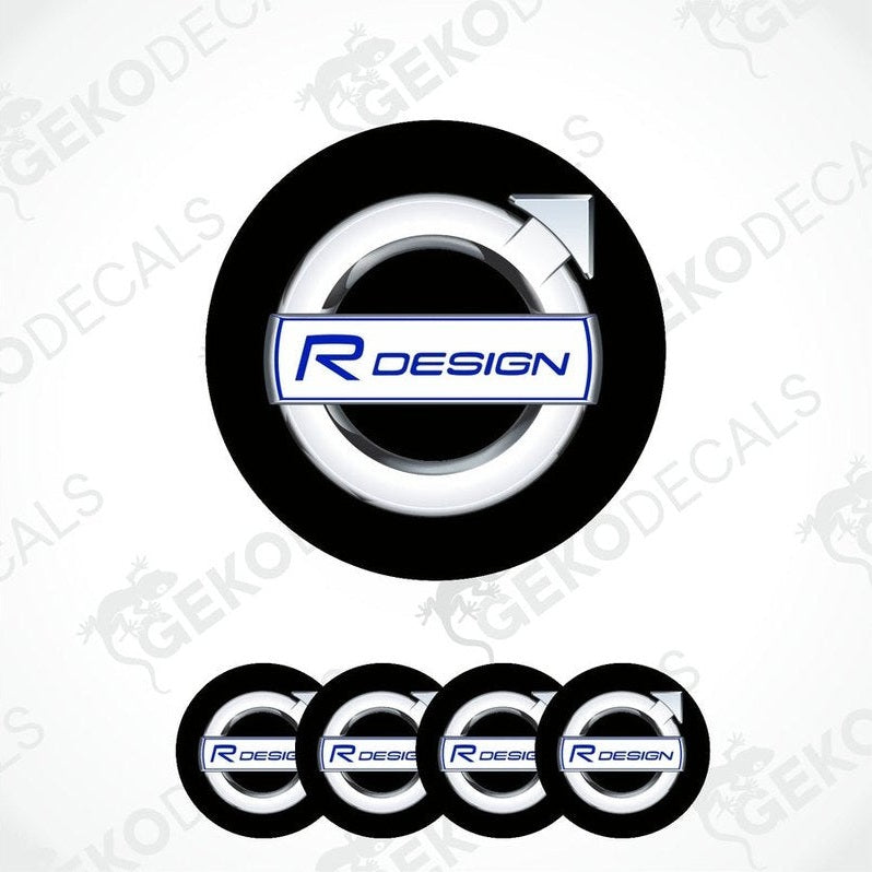 A set of four black vinyl stickers with the R DESIGN logo, intended for use on car wheels or wheel caps.