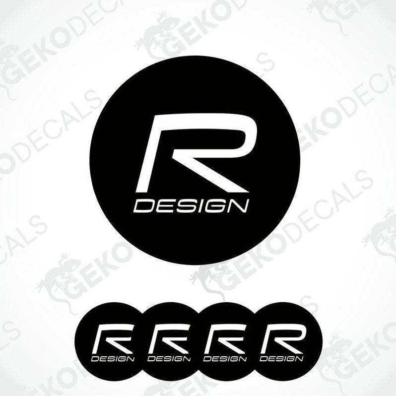 A set of four black vinyl stickers with the R DESIGN brand logo for Volvo cars.