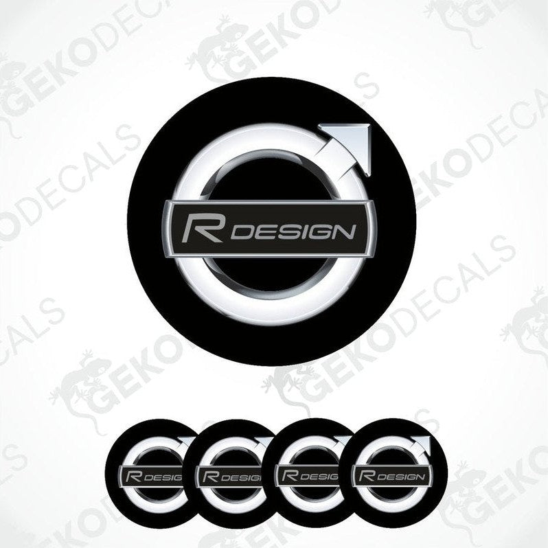 A set of four black vinyl stickers with the R DESIGN logo, intended for use on car wheels or wheel caps.