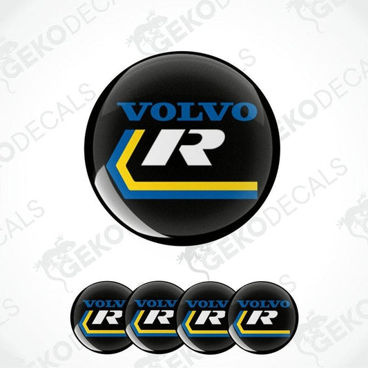 A set of four black vinyl stickers with the Volvo R SPORT logo in blue and yellow.