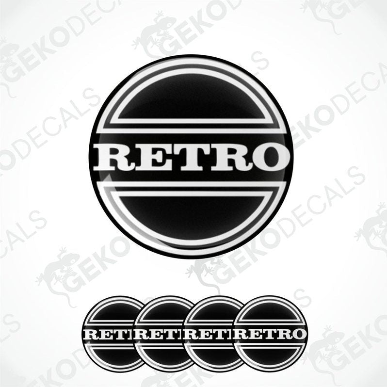 A set of four black vinyl stickers with the word 'RETRO' and a geometric design.