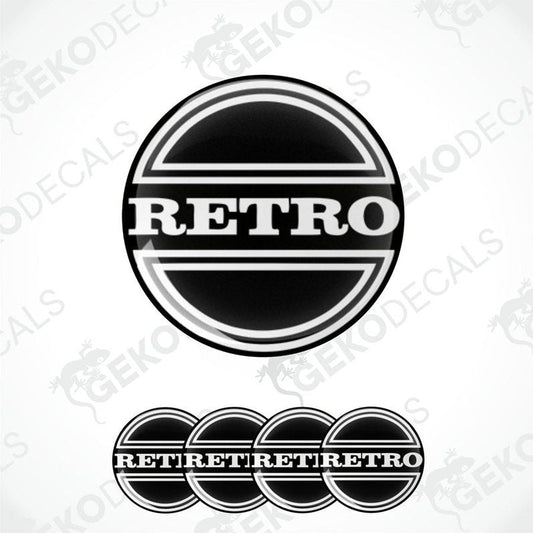 A set of four black vinyl stickers with the word 'RETRO' and a geometric design.