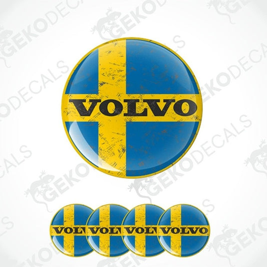A set of four vinyl decals with a polyurethane coating featuring the Volvo brand and the Swedish flag colors.