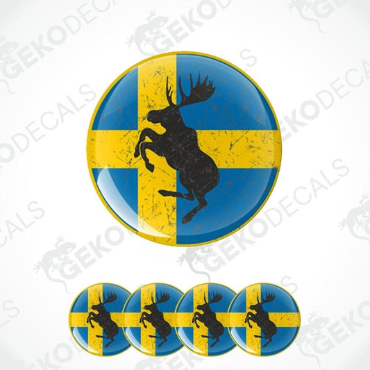 A set of four circular vinyl stickers with a design of a moose and a Swedish flag.