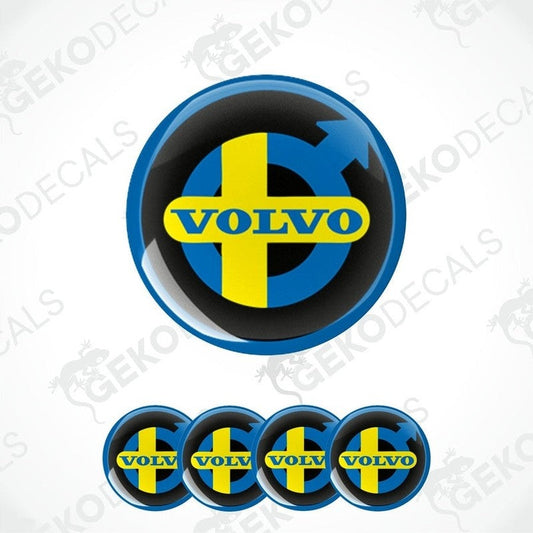 A set of four blue, yellow, and white volvo stickers with a geometric design, displayed on a white background.