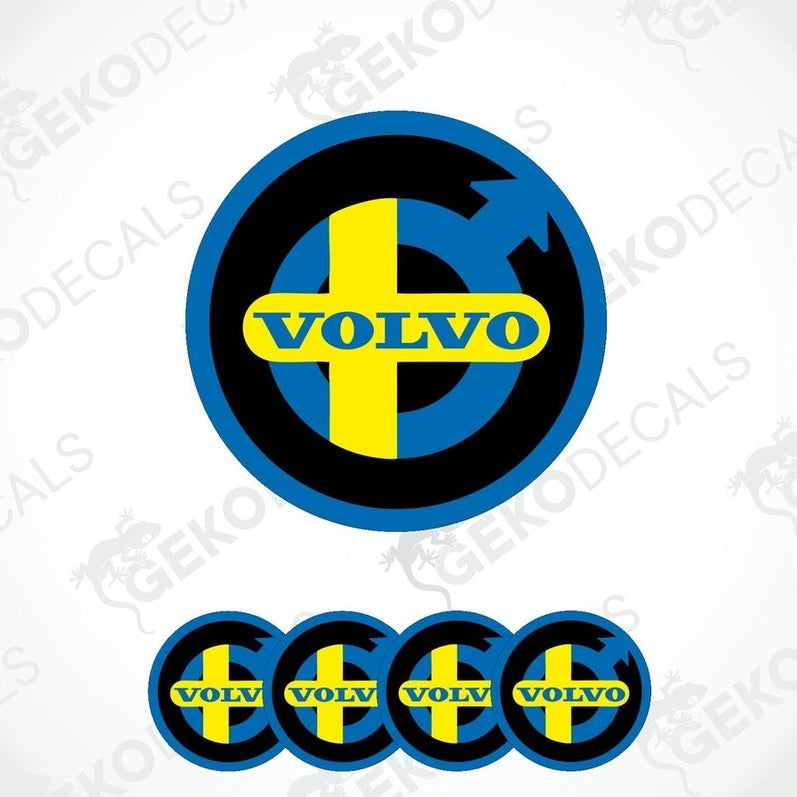 A set of four blue, yellow, and white volvo stickers with a geometric design, displayed on a white background.