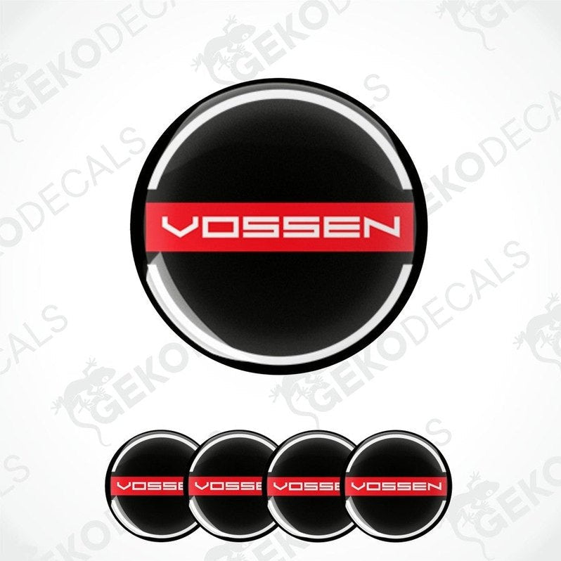 A set of four Vossen branded vinyl decals with a black and red design.