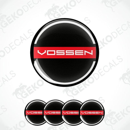 A set of four Vossen branded vinyl decals with a black and red design.