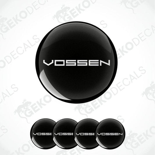 A set of four black vinyl stickers with the word 'VOSSEN' printed on them, presented against a white background.