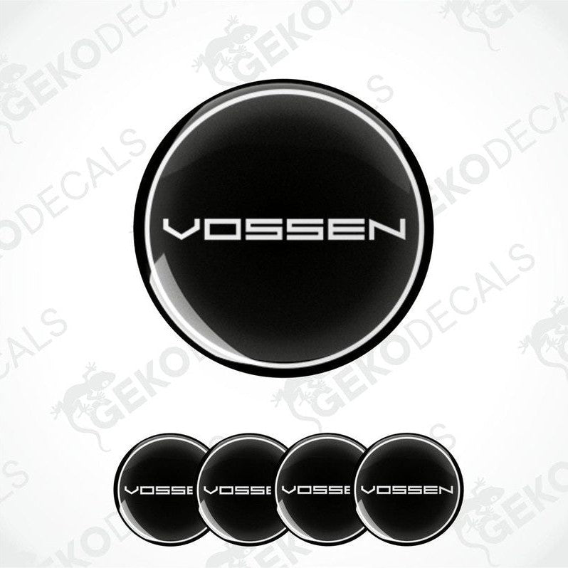 A set of four black vinyl stickers with the word 'VOSSEN' printed on them, presented against a white background.