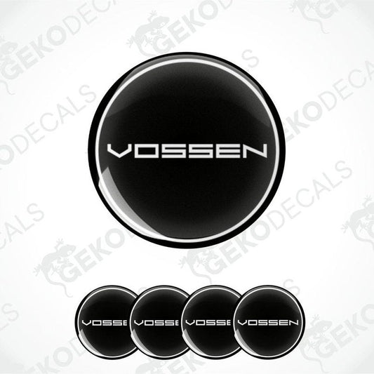A set of four black vinyl stickers with the word 'VOSSEN' printed on them, presented against a white background.