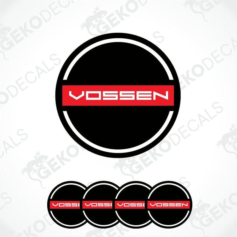 A set of four Vossen branded vinyl decals with a black and red design.