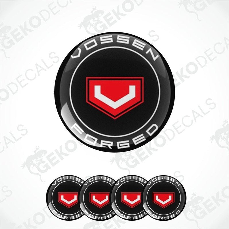 A set of four black vinyl decals with the text 'Vossen Wheels' in red and white.