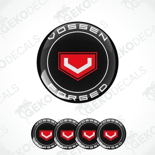 A set of four black vinyl decals with the text 'Vossen Wheels' in red and white.
