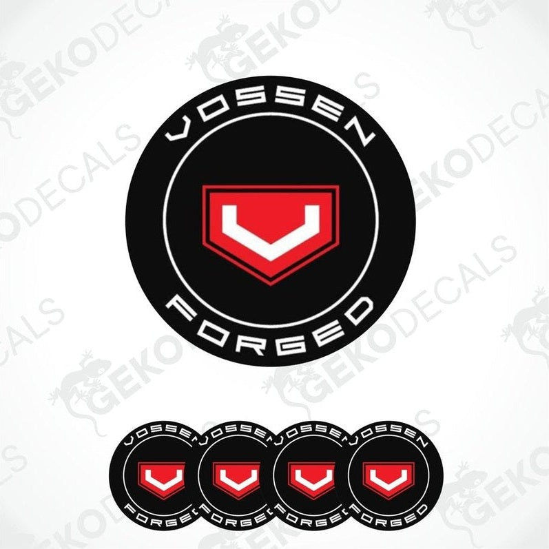 A set of four black vinyl decals with the text 'Vossen Wheels' in red and white.