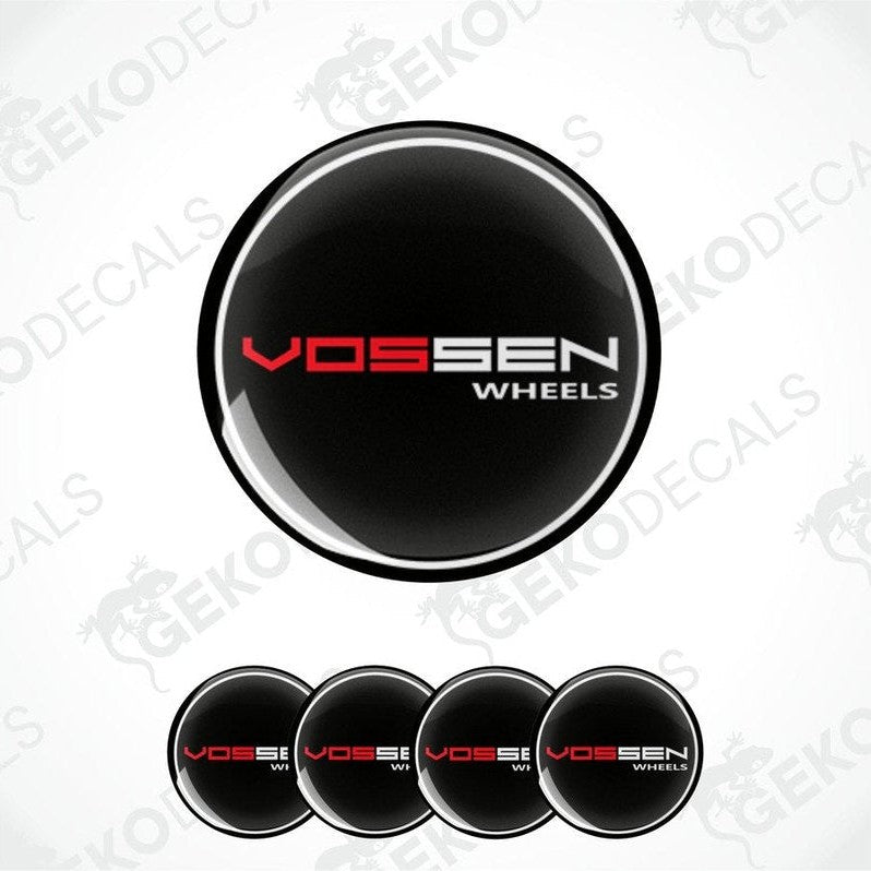 A set of four black vinyl decals with the text 'Vossen Wheels' in red and white.